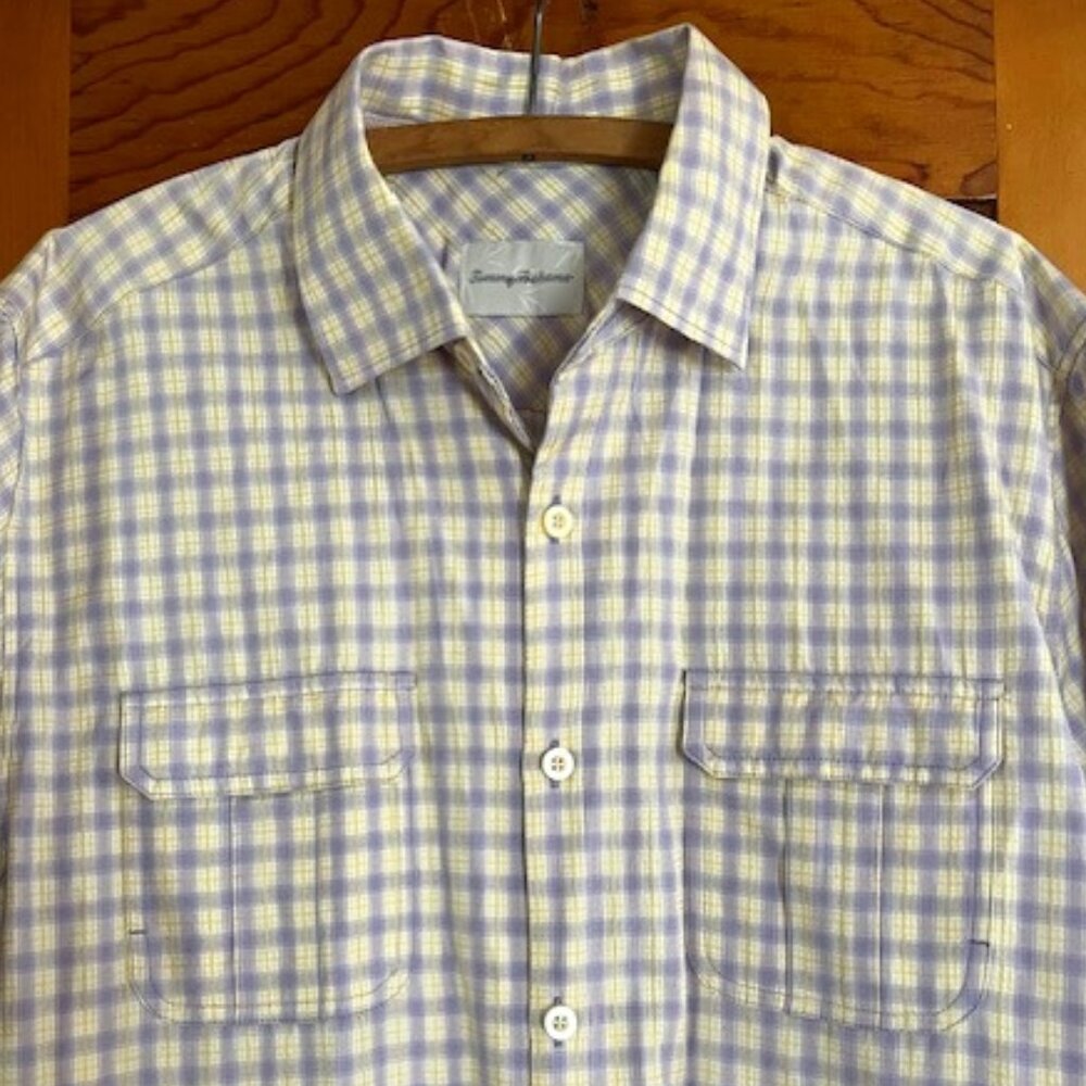 Tommy Bahama Silk Blend LAV Plaid Short Sleeve Camp Shirt Men's Medium
